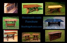 several different tables and benches made out of wooden planks, with the words handmade rustic furniture written on them