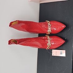 Nwt, Nib But No Lid, Juicy Couture Red High Heel Boots Absolutely Stunning Very Sexy Juicy Is Written Across The Toes With A Rose Tone Chain And Clear Crystal Spelling Out Juicy! 3 Inch Heel, Size 7.5. Red High Heel Boots, Juicy Couture Shoes, Rose Tone, Red High Heels, 3 Inch Heels, Red High, Heel Boots, High Heel Boots, A Rose