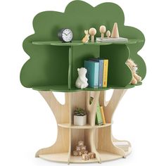 a book shelf with books and toys on it, in the shape of a tree