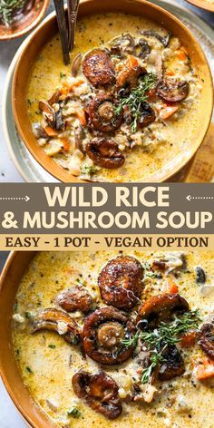 two bowls filled with wild rice and mushroom soup