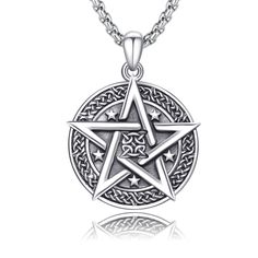 a silver pentagramil pendant on a chain