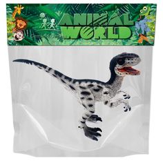 a plastic bag with a toy dinosaur on it's back in front of a white background