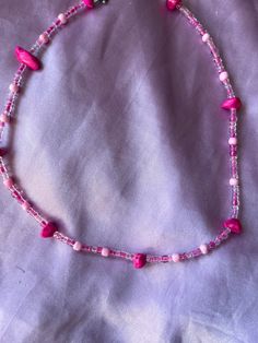 handmade elasticated pink bead necklace with silver fastenings & pink magnesite beads Adjustable Single Strand Pink Beaded Necklace, Adjustable Pink Beaded Necklaces With Colorful Beads, Adjustable Pink Necklace With Gemstone Beads, Adjustable Pink Gemstone Beads Necklace, Adjustable Pink Beaded Necklace, Pink Beaded Necklaces With Heart-shaped Beads, Pink Beaded Necklaces With Heart Beads, Pink Beaded Necklaces With Round Beads, Handmade Pink Necklaces With Round Beads