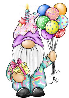 a cartoon gnome holding balloons and a birthday cake with a lit candle on it's head