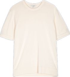 White Short Sleeve Tops With Ribbed Cuffs, White Short Sleeve Top With Ribbed Cuffs, Cream Fine Knit Cotton Top, White Fine Knit Top With Short Sleeves, Fine Knit Short Sleeve T-shirt, White Crew Neck Short Sleeve Top For Work, White Crew Neck T-shirt With Ribbed Collar, Summer Tops With Ribbed Crew Neck, Summer Tops With Ribbed Collar And Crew Neck