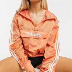 Adidas Orange Windbreaker”Fiarucci” Lightweight Hooded Jacket Buttons On Sides Never Worn Excellent Condition Adidas Set, Adidas Cropped Hoodie, Adidas Activewear, Adidas Windbreaker, Adidas Jackets, Adidas Hoodie, Striped Hoodie, Workout Sweatshirt, Grey Adidas