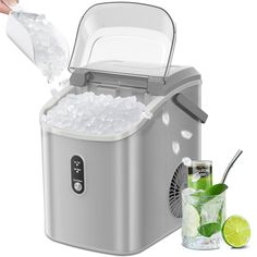 a cooler with ice and limes next to it