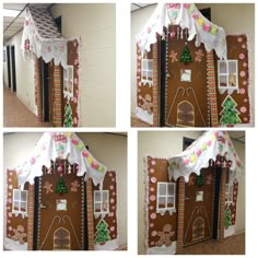 four pictures of a gingerbread house made out of paper