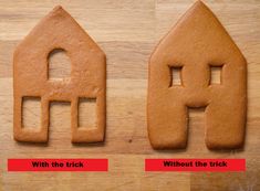 two ginger cookies shaped like houses with the words home written in red on each cookie