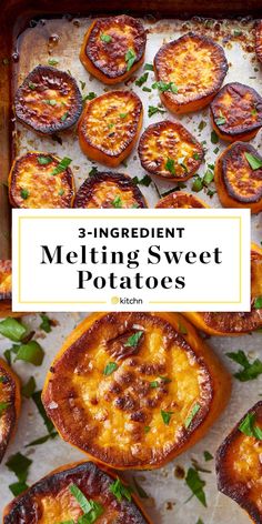 three ingredient melting sweet potatoes on a baking sheet with text overlay that reads, 3 ingredient melting sweet potatoes