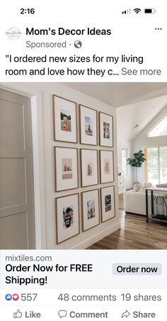 an instagram page with pictures on the wall and texting below it that reads, mom's decor ideas sponsored i ordered new sizes for my living room and love how they c see more