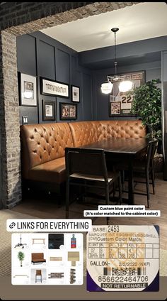 a couch and table in a room with pictures on the wall above it that says links for everything