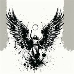 an artistic black and white drawing of a winged angel with a ring in its hand