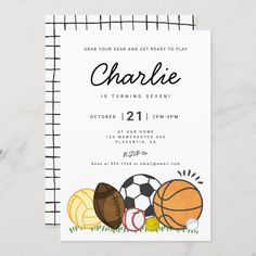 this is an image of a sports themed birthday party card with the name charlie on it