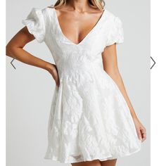 Purchased For Wedding Festivities But Wasn’t A Huge Fan Of How It Looked On Me Showpo White Dress, White Conformation Dresses, Mini Puff Sleeve Dress, Wedding Dress Party Short, Bride To Be Dresses Bachelorette Parties, Bridal Shower Outfit For Bride Summer, Short White Graduation Dress, Short White Dress Outfit, Wedding Event Outfits