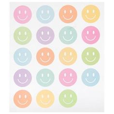 an assortment of smiley face stickers on a white background with multicolored circles