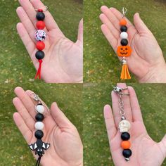 four different pictures of hands holding beads with charms attached to them, including an orange and black beaded keychain