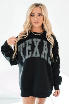 Model is 5'6" and wearing a size medium Cotton/Polyester Machine wash                       Medium    Large   X-Large   XX-LargeBust        45"         47"          49"         51"Length   28.5"       29"        29.5"        30" Lone Star State, Black Sweatshirt, Lone Star, Texas, Relaxed Fit, Size Medium, Fan, My Style, Sweatshirts