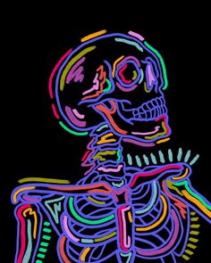 a drawing of a human skeleton with multicolored lines on it's body