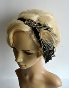 Ready to ship Peacock Headband inspired Great Gatsby, Art Deco Style. Made of black velvet headband and set of black ostrich feathers one hand curled ivory peacock eye embellished with beaded piece. Perfect for a Great Gatsby or a 1920's party ! Can be worn with feathers on the left or right side of head, made with back elastic. Vintage inspired - stylish with modern look ! For any questions please mail me, i'll be very happy to help you and to send more pictures! ! It will be shipped by Priorit Flapper Evening Headpiece With Feathers, Gatsby Style Feather Trim Headpiece For Evening, Black Flapper Headpieces For Vintage Events, Flapper Style Feather Headpiece For Vintage Events, Flapper Style Feathered Headpieces For Vintage Events, Gatsby Style Feather Headpieces For Vintage Events, Adjustable Feather Headpiece For Vintage Events, Vintage Adjustable Feather Headpieces, Vintage Adjustable Headpieces With Feathers