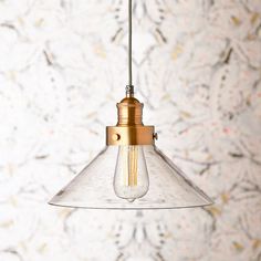 a light hanging from a ceiling fixture in front of a floral wallpapered background