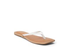 White Beach Womens Bungalow Flip Flop Sandal | Womens | Rack Room Shoes White T-strap Sandals For Summer Beach, Beach T-strap Toe Post Sandals, Leather Flat Flip Flops For Beach Season, Summer Toe Post Flip Flops With Textured Footbed, White Casual T-strap Beach Sandals, White Casual T-strap Sandals For Beach, White Flat Slippers For Beach Season, White T-strap Sandals For Beach Season, Casual Synthetic T-strap Sandals With Single Toe Strap