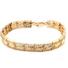 Vintage 14k yellow gold filigree link bracelet. The bracelet is 7" long and almost 8mm wide and features a lobster clasp. The bracelet weighs 14.03 grams of gold. Classic Gold Bracelet With Intricate Design, Ornate Yellow Gold Bracelets For Formal Occasions, Ornate Yellow Gold Bracelet For Formal Occasions, Intricate Design Gold Bracelet For Formal Occasions, Classic 14k Gold Bracelets With Intricate Design, Yellow Gold Filigree Bracelet For Formal Occasions, Elegant 14k Gold Bracelets With Decorative Band, Elegant Yellow Gold Bracelets With Decorative Band, Heirloom Yellow Gold Bracelet With Filigree