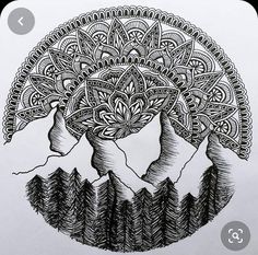 a drawing of two hands holding each other with trees and mountains in the back ground