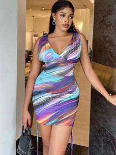 Material: Made of 90-95% Polyester & spandex.Feature: Sleeveless. abstract print. tie dye. v-neck. tie up. ruched. bodycon. mini dress.Style: Casual. Clubwear Multicolor V-neck Bodycon Dress, Multicolor V-neck Bodycon Dress For Night Out, Summer Multicolor Ruched Bodycon Dress, Tie Dye Fitted V-neck Dress, Fitted Tie Dye V-neck Dress, Multicolor Ruched V-neck Mini Dress, Tie-dye Fitted V-neck Dress, Fitted Sleeveless Tie Dye Mini Dress, Casual Clubwear