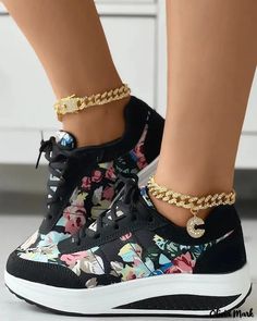 Olivia Mark - Floral print lace-up sneakers Casual Low-top Floral Print Sneakers, Spring Low-top Wedge Sneakers With Laces, Trendy Floral Print Sneakers For Spring, Casual Synthetic Sneakers With Graphic Print, Spring Platform Sneakers With Laces For Sports, Low-top Wedge Sneakers With Laces, Trendy Sports Wedge Sneakers With Laces, Spring Lace-up Sneakers For Sports, Lace-up Wedge Sneakers For Sports