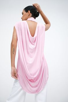 Tunic, tank top, cap sleeve, turtleneck, draped shirt, open back, sheer, pink top, bubblegum pink Flowing Rhythm, Casual Glamour, Tunic Hoodie, Sleeveless Turtleneck, Free Flowing, High Low Hem, Tunic Dress, Casual Tops, High Low