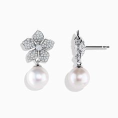 14K White Gold Diamond Flower and Fresh Water Pearl Drop Earrings Fresh Water Pearl, Water Pearls, Diamond Flower, Pearl Drop Earrings, Pearl Drop, White Gold Diamonds, Fresh Water, Freshwater Pearls, Round Diamonds