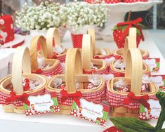 baskets filled with candy sitting on top of a table