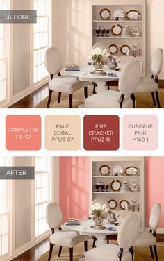 the color scheme for this dining room is peach, coral, pink and grey with white chairs