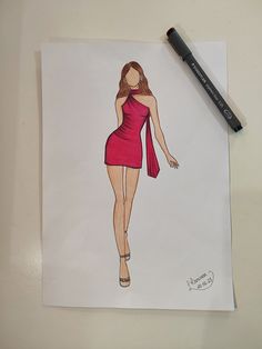 a drawing of a woman in a red dress on top of a piece of paper