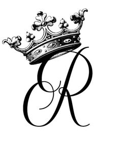 the letter r with a crown on it's head is shown in black and white