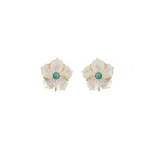 "The Clara Earrings feature a stunning floral design, expertly crafted with Mother of Pearl and a captivating mix of semi-precious stones. Their standout feature is the innovative detachable design, offering the flexibility to switch between a long cascade, a shorter cluster, or unique studs. This versatile design embodies our brand's core values and has become one of our best-sellers.  Stones: Carved Mother of Pear Flower & Turquoise  Mother of Pearl & Lemon Quartz  Mother of Pearl & Pink Opal  Material: 14K Gold Plated  Dimensions: 3"" X 3/4 """ Luxury White Earrings With Gemstone Accents, Luxury Gemstone Flower-shaped Earrings, Luxury Flower Shaped Pierced Earrings, Elegant Flower Shaped Mother Of Pearl Earrings, White Fine Jewelry Earrings With Gemstone Accents, Elegant White Earrings With Gemstone Accents, Luxury White Flower Drop Earrings, Elegant White Earrings With Natural Stones, Elegant Flower Shaped Jewelry With Gemstone Accents