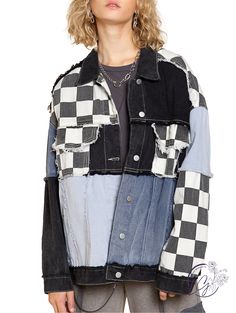 Elevate your style with our Oversized Multi Checkered Print Jacket! This statement piece features an oversized design and checker pattern, made from high-quality twill material for a comfortable and durable fit. Perfect for adding a bold touch to any outfit while staying warm and stylish. Oversized so size down Fabric : 100% Cotton Trendy Plaid Cotton Outerwear, Trendy Plaid Cotton Shacket, Oversized Cotton Outerwear With Patches, Oversized Plaid Patchwork Outerwear, Trendy Black Patchwork Denim Jacket, Oversized Plaid Cotton Outerwear, Plaid Denim Outerwear For Fall, Trendy Gingham Long Sleeve Outerwear, Urban Patchwork Denim Jacket For Fall