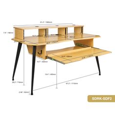 an image of a desk with measurements for the top and bottom section, including two shelves