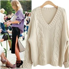 Cable Knit Deep V-neck Solid Color Pullover Sweater on Luulla Oversized V-neck Chic Sweater, Elegant Oversized V-neck Sweater, Trendy Oversized V-neck Sweater, Chic Oversized V-neck Sweater, Oversized Cable Knit V-neck Sweater, Beige Knitted V-neck Sweater, Oversized V-neck Cable Knit Sweater, Winter Cable Knit V-neck Sweater, Beige Chunky Knit Long Sleeve V-neck Sweater