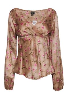 Current Boutique-Plenty by Tracy Reese - Rose Gold Silk Satin Floral Tie-Front Blouse Sz 10 Spring Floral Print Satin Top, Spring Satin Floral Print Tops, Spring Satin Tops With Floral Print, Chic Silk Tops For Spring, Silk Blouse With Floral Print For Fall, Floral Print Silk Blouse For Fall, Casual Silk Top For Spring, Feminine Long Sleeve Satin Tops, Spring Silk Tops With Floral Print