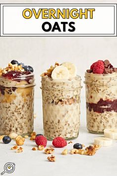 photo of three mason jars filled with overnights oats and various toppings with recipe title block at the top. Easy Light Breakfast Ideas, Easy Light Breakfast, Overnight Oats Base Recipe, Overnight Oats Base, Light Breakfast Ideas, Summer Breakfasts, Easy Overnight Oats, Prep Breakfast, Light Breakfast