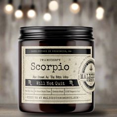 a jar of scorpio sits on a table