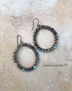 Turquoise Wire Wrapped Round Loop Dangle Southwest Earrings on Bronze Wire, Boho Style Southwest Boho, Wire Earrings, Faceted Gemstones, Jewelry Earrings Hoops, Turquoise Gemstone, Turquoise Beads