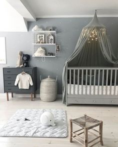 a baby's room is decorated in gray and white