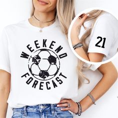 Distressed Weekend Forecast Soccer design customized with your players number on the sleeve on Bella Canvas UNISEX tshirt.  Please see size chart in the photos. **Turnaround time is up to 5-7 business days** Please note since all items are handmade, graphic placement may vary slightly. Please see our Policies: https://www.etsy.com/shop/SewBerryCuteBoutique#policies Production: We use only high quality blanks.   ||CARE INSTRUCTIONS|| *Turn inside out for protection. Wash in cold water. *Light dry White Sublimation Fan Apparel With Team Logo, Football Season Fan Merchandise Tops With Team Name, Sporty T-shirt With Team Name For Football Season, White Tops With Team Logo For Football Season, White T-shirt With Team Logo For Football Season, White T-shirt With Football Team Logo, Team Spirit Tops With Graphic Print For Football Season, Football Season Sports Fan T-shirt With Sublimation Print, White T-shirt For Football Season Team Events