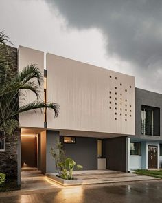 a modern house with palm trees in the foreground and dark clouds in the background