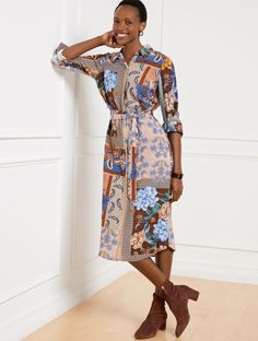 Tie Waist Shirtdress - Floral Geo Patchwork Dress Shirt Collar, Simply Irresistible, Anniversary Event, Viscose Dress, Patchwork Print, Classic Style Women, Shirt Collar, Modern Classic, Dress Shirt