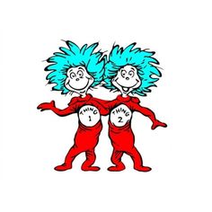 two cartoon characters with blue hair and numbers on their faces, one holding the other's hands