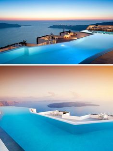 two pictures of an outdoor swimming pool at dusk and sunset